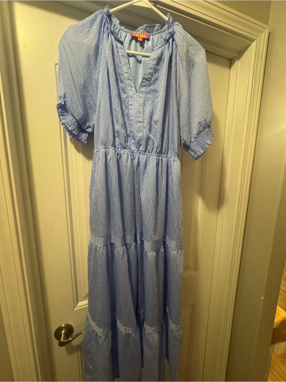 THML Light Blue & White Striped Tiered Maxi Dress